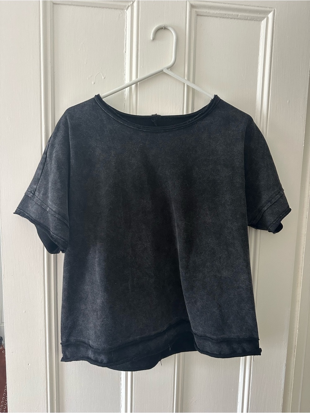 Women's Washed Black Short Sleeve Top Butterly Mesh on back